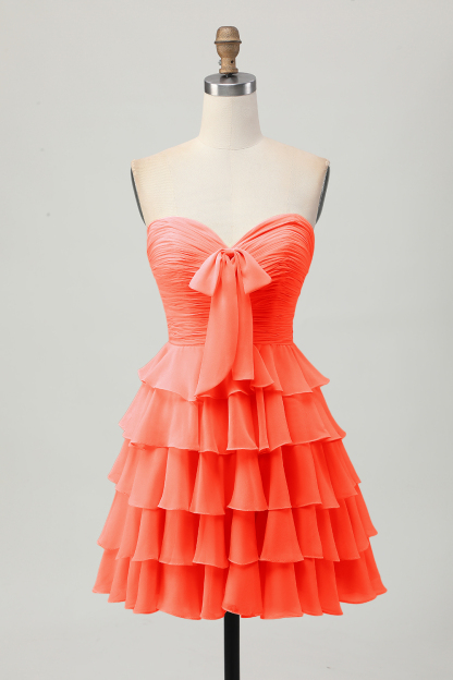 Short Light Yellow Sweetheart Ruffled A Line Tiered Homecoming Dress with Bow