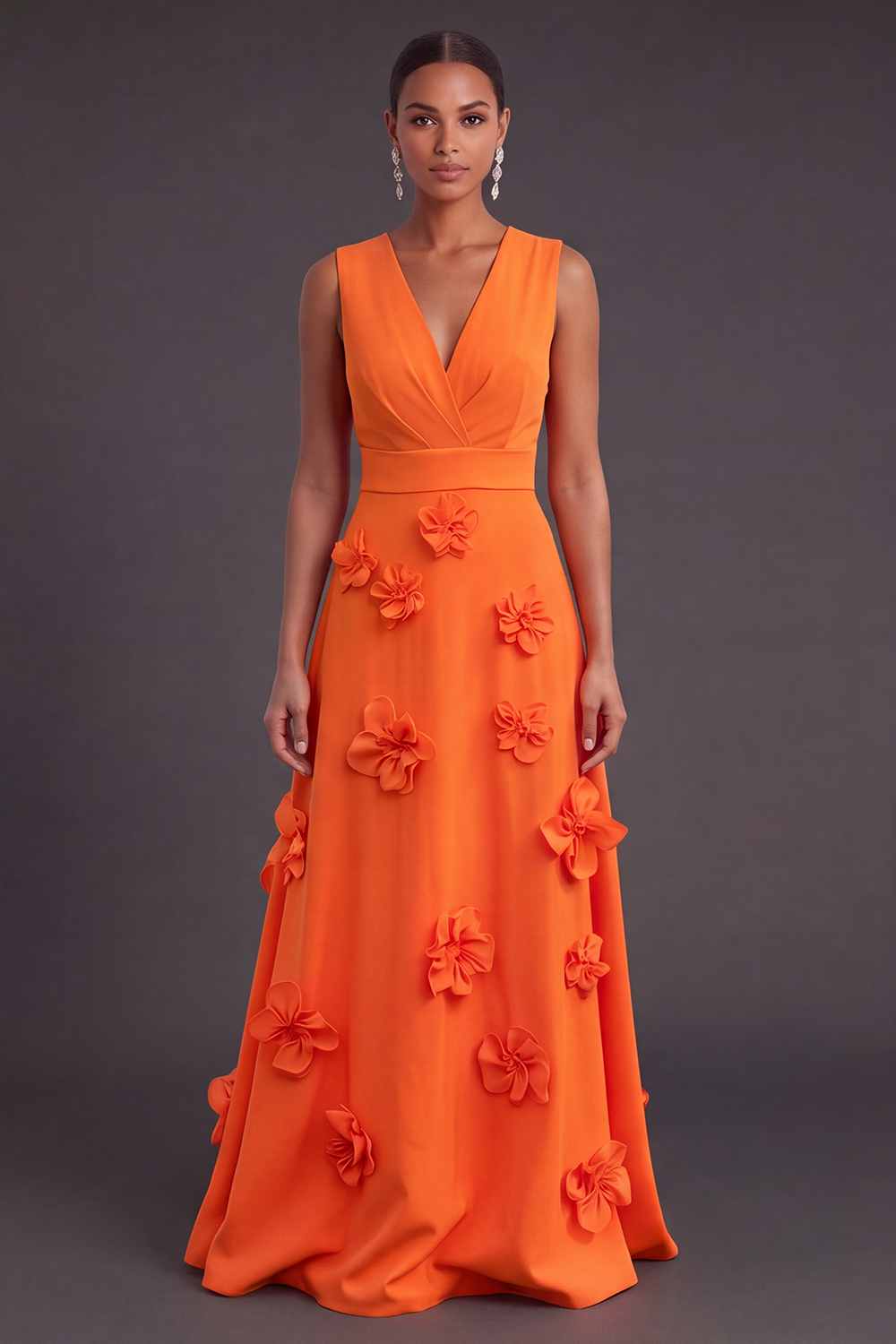 Leely Women Orange Floral Long Black Tie Dress Ruched A Line V-Neck Fall Wedding Guest Dress