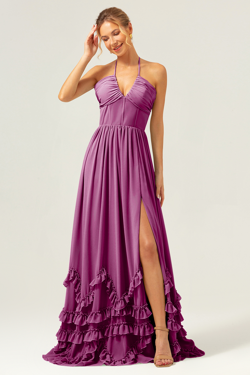 Dusty Sage Halter Corset Ruffled Chiffon Bridesmaid Dress with Slit