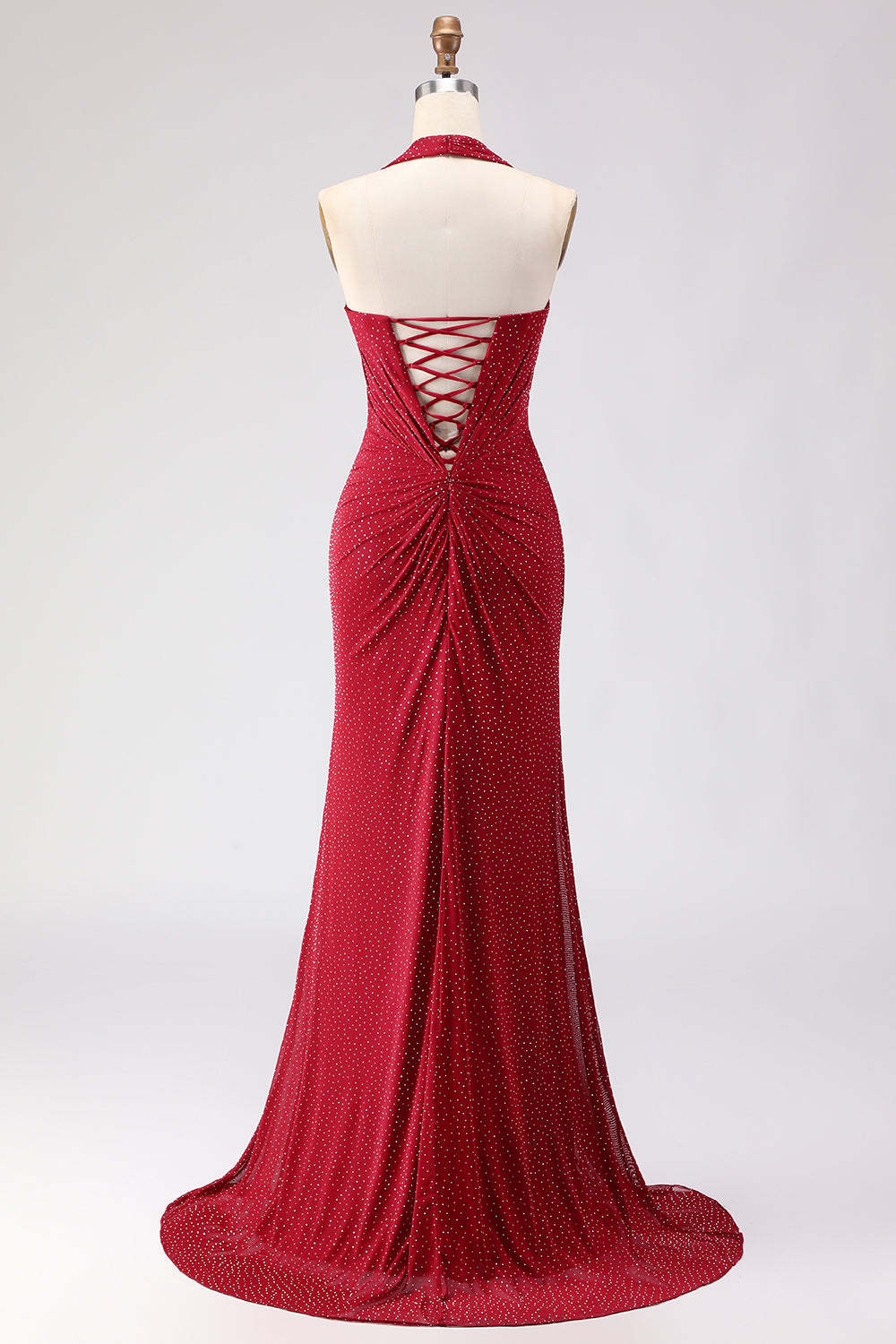 Sparkly Dark Red Beaded Halter Long Mermaid Prom Dress with Slit