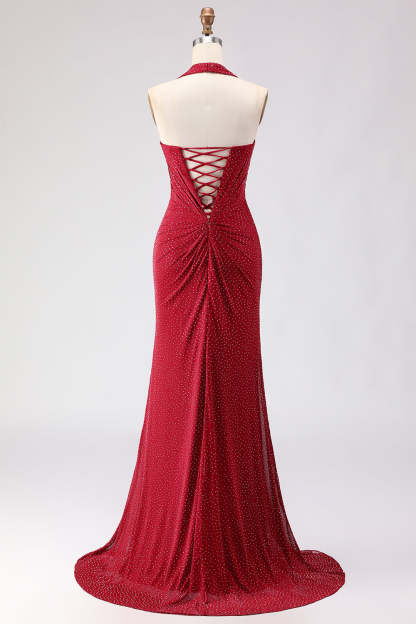 Sparkly Dark Red Beaded Halter Long Mermaid Prom Dress with Slit