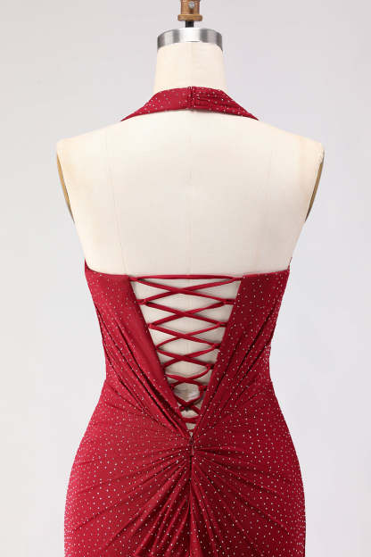 Sparkly Dark Red Beaded Halter Long Mermaid Prom Dress with Slit