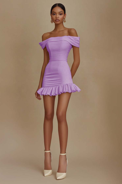 White Bodycon Satin Off The Shoulder Graduation Dress with Ruffles