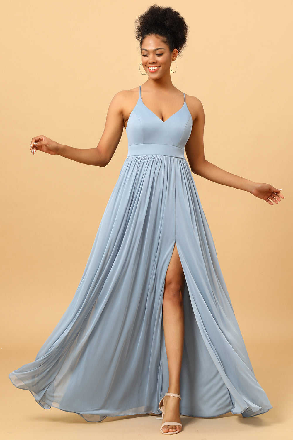 Leely Women Dusty Blue A-Line Long Chiffon Bridesmaid Dress with Slit Ruched Wedding Guest Dress