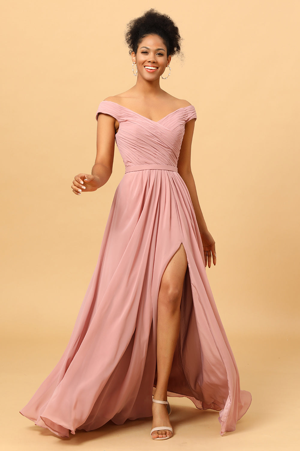 Leely Women Pink Bridesmaid Dress Ruffles Chiffon A-line Wedding Party Dress with Slit