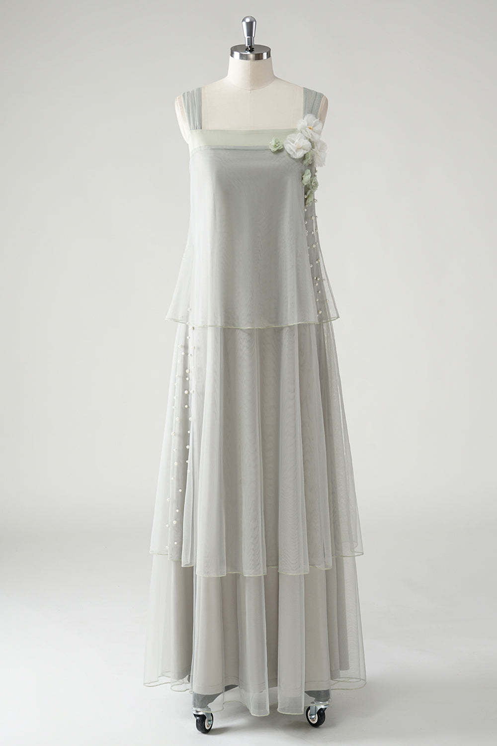 Leely Women Grey Mother of the Bride Dress Tiered Chiffon Spaghetti Straps Beaded Long Formal Dress