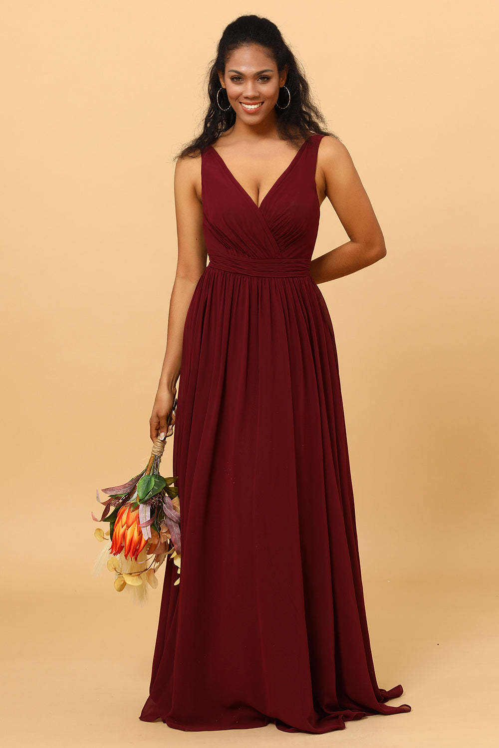 Leely Women Burgundy Bridesmaid Dress A-line Chiffon V-neck Wedding Party Dress