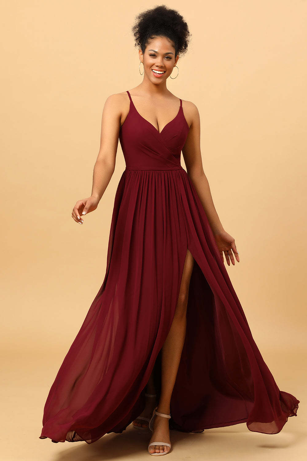 Leely Women Burgundy Bridesmaid Dress A-Line Chiffon Wedding Party Dress with Slit