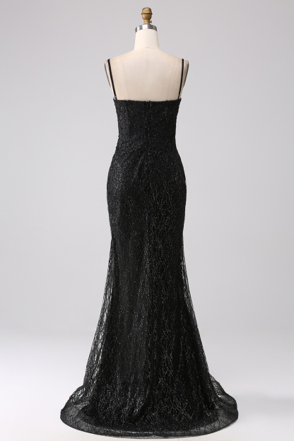 Black Mermaid Spaghetti Straps Beaded Long Prom Dress with Slit