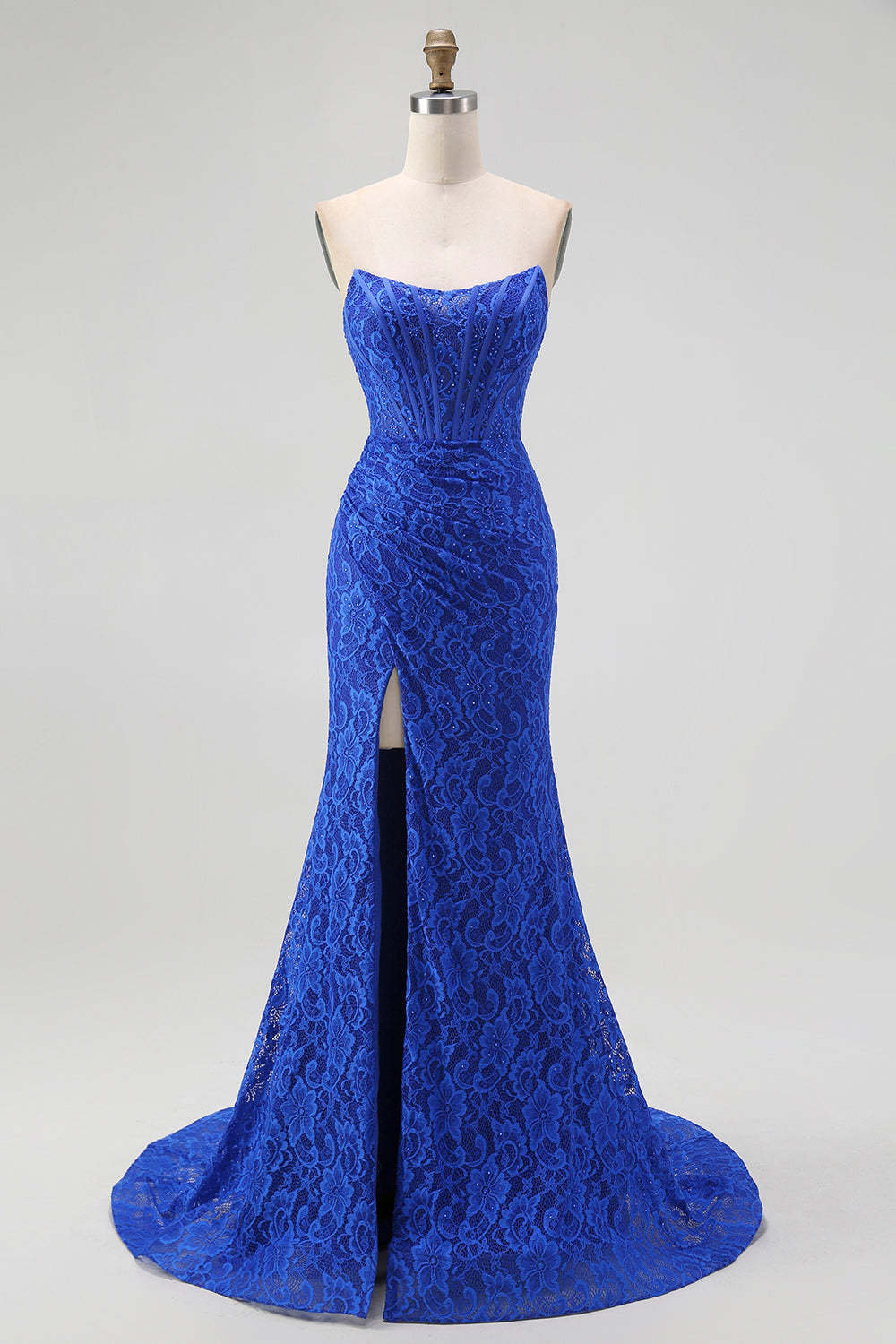 Leely Women Royal Blue Long Lace Corset Evening Dress with Slit Sweetheart Mermaid Formal Dress with Beading