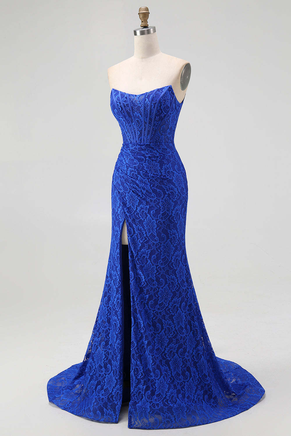 Royal Blue Mermaid Sweetheart Lace Long Corset Evening Dress with Slit