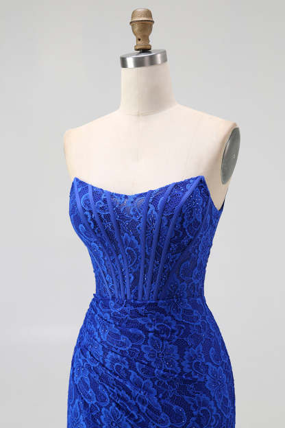 Royal Blue Mermaid Sweetheart Lace Long Corset Evening Dress with Slit