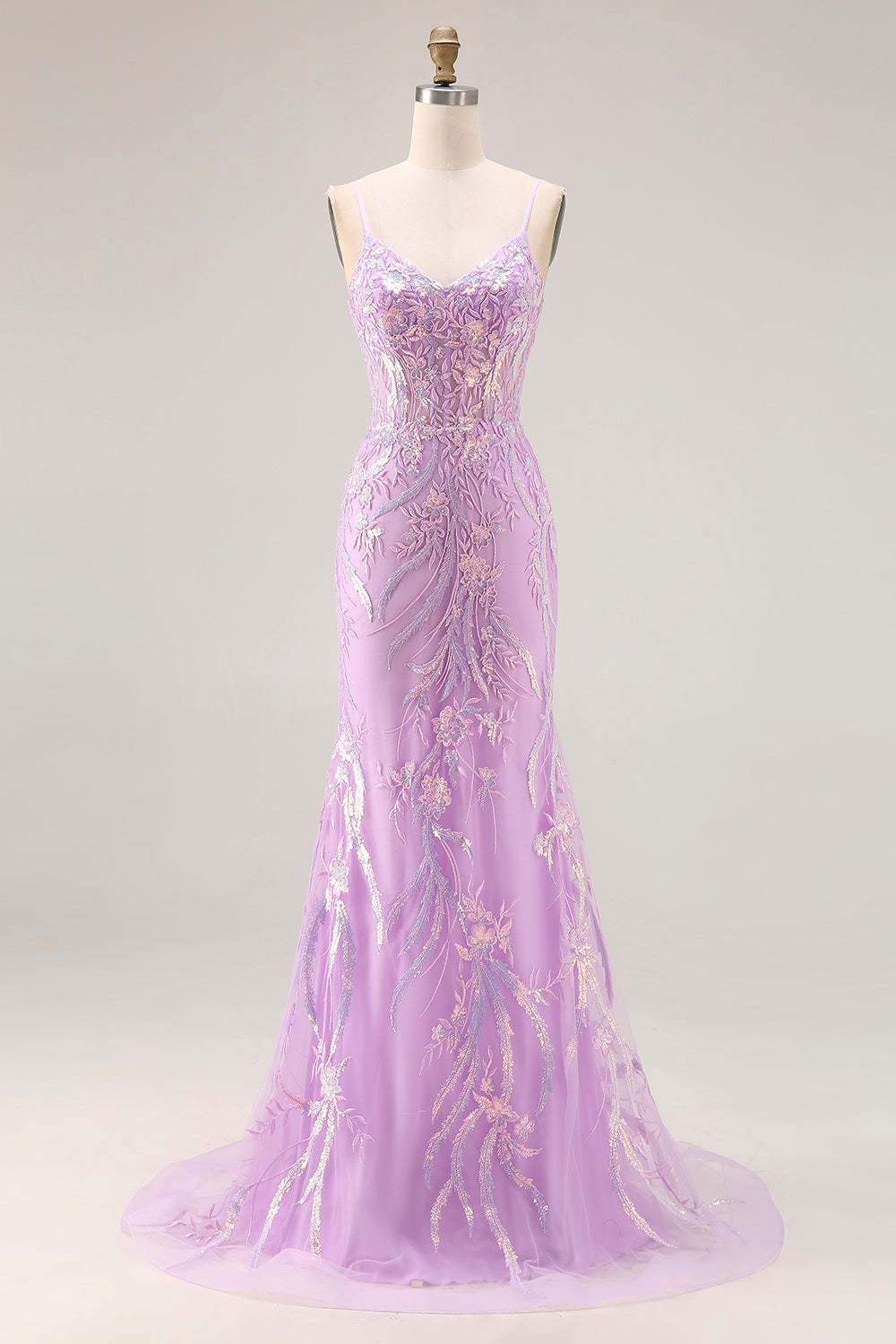 Leely Women Floral Purple Mermaid Long Corset Prom Dress Sparkly Spaghetti Straps Lace Gala Dress