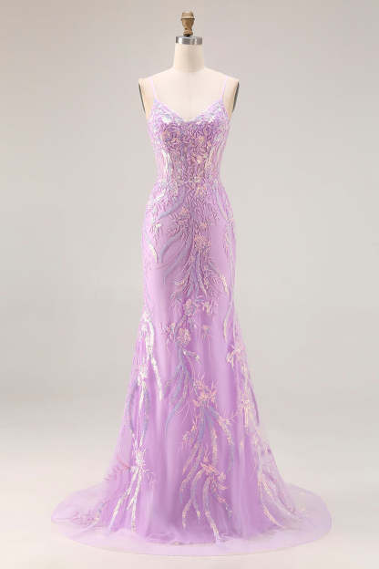 Leely Women Floral Purple Mermaid Long Corset Prom Dress Sparkly Spaghetti Straps Lace Gala Dress