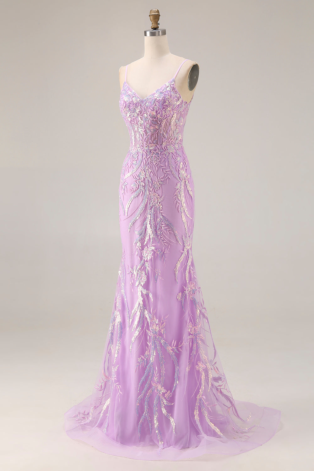 Floral Purple Mermaid Lace Sparkly Long Prom Dress