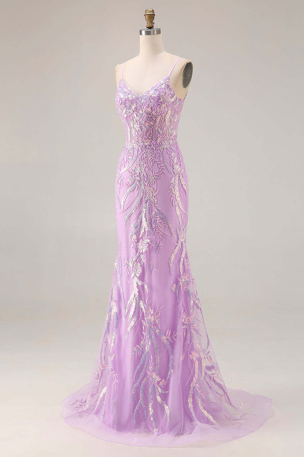Floral Purple Mermaid Lace Sparkly Long Prom Dress