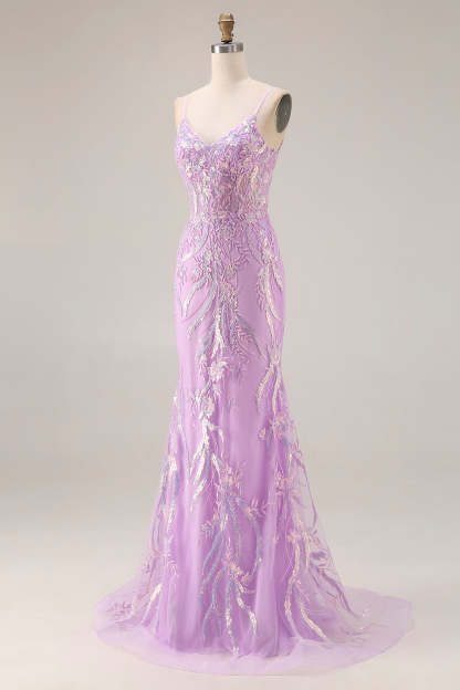 Floral Purple Mermaid Lace Sparkly Long Prom Dress