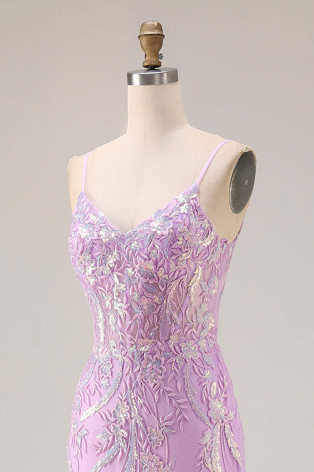 Floral Purple Mermaid Lace Sparkly Long Prom Dress