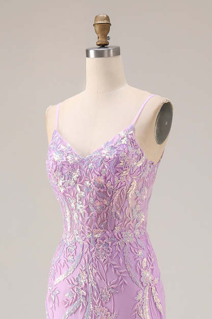Floral Purple Mermaid Lace Sparkly Long Prom Dress