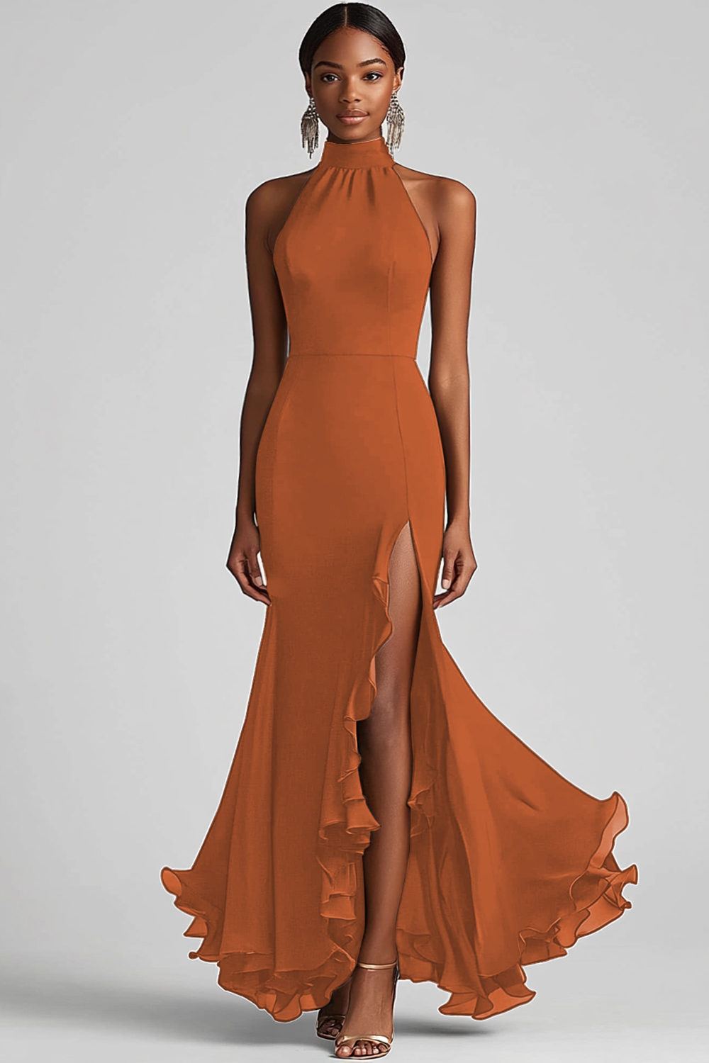 Black Halter Sheath Ruffled Formal Dress with Slit