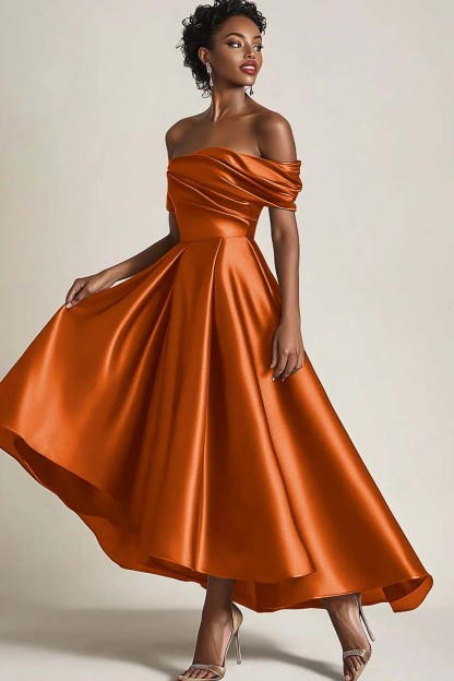 Off the Shoulder Satin Olive A-Line Mother of the Bride Dress