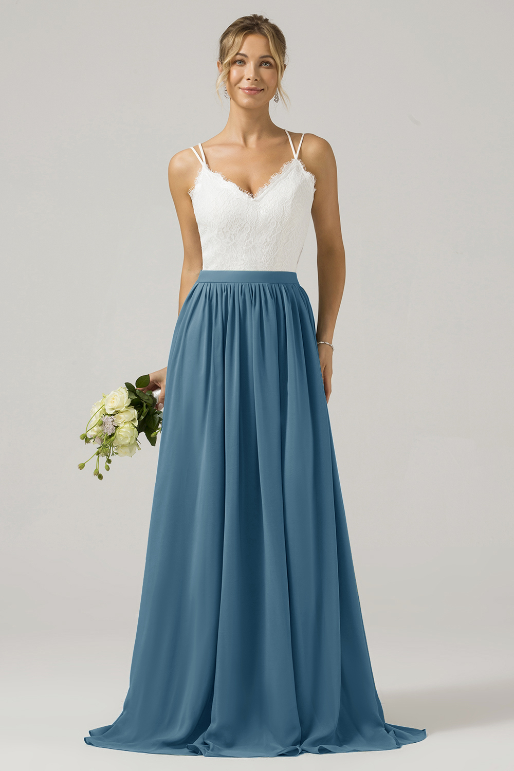 Eucalyptus A-Line Spaghetti Straps Pleated Long Bridesmaid Dress With Lace