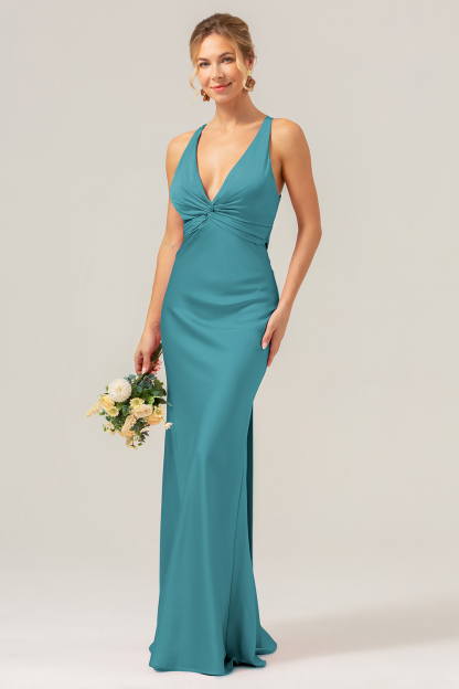 Pink Front Twist Mermaid V Neck Satin Bridesmaid Dress