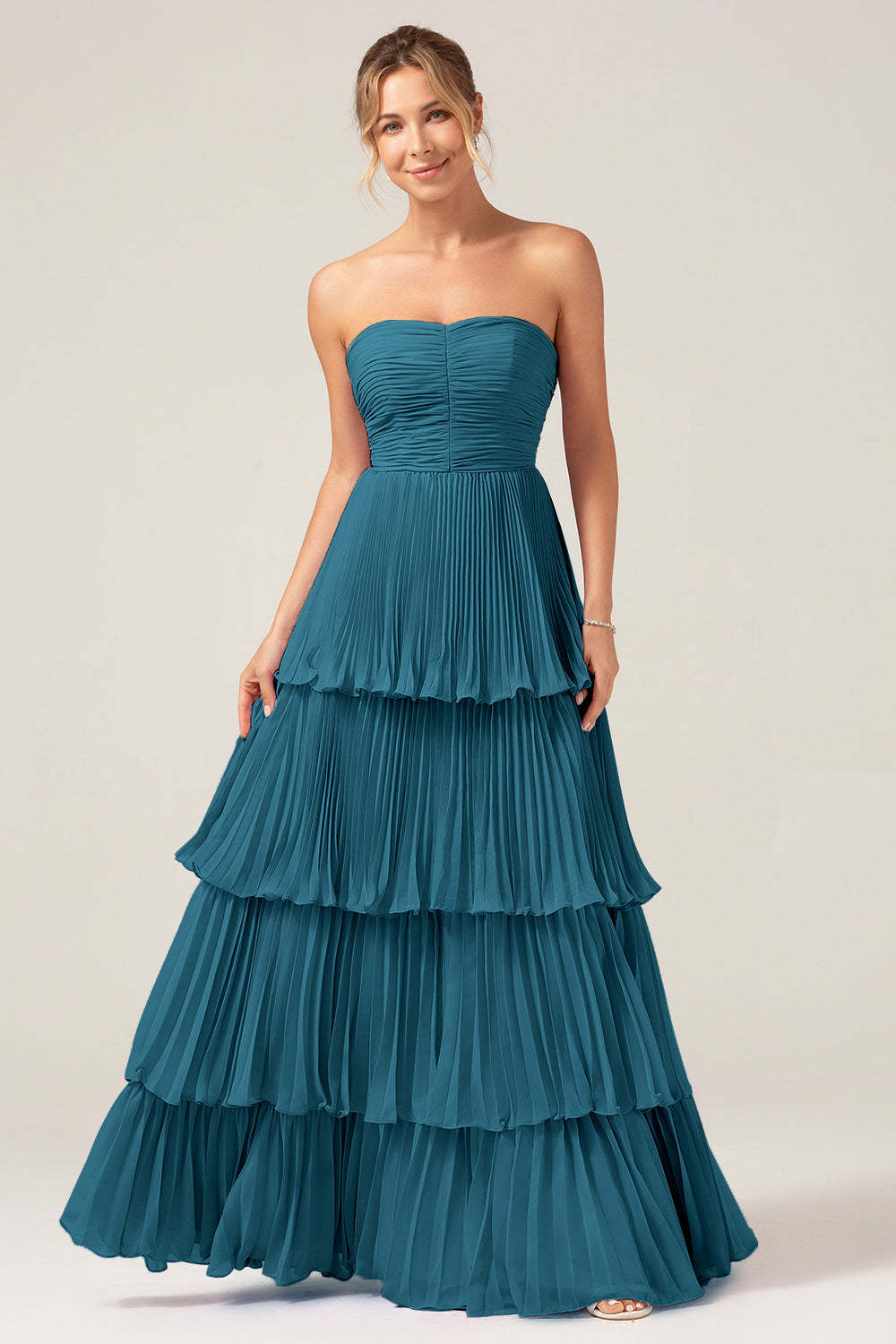 Sky Blue A Line Strapless Pleated Tiered Bridesmaid Dress
