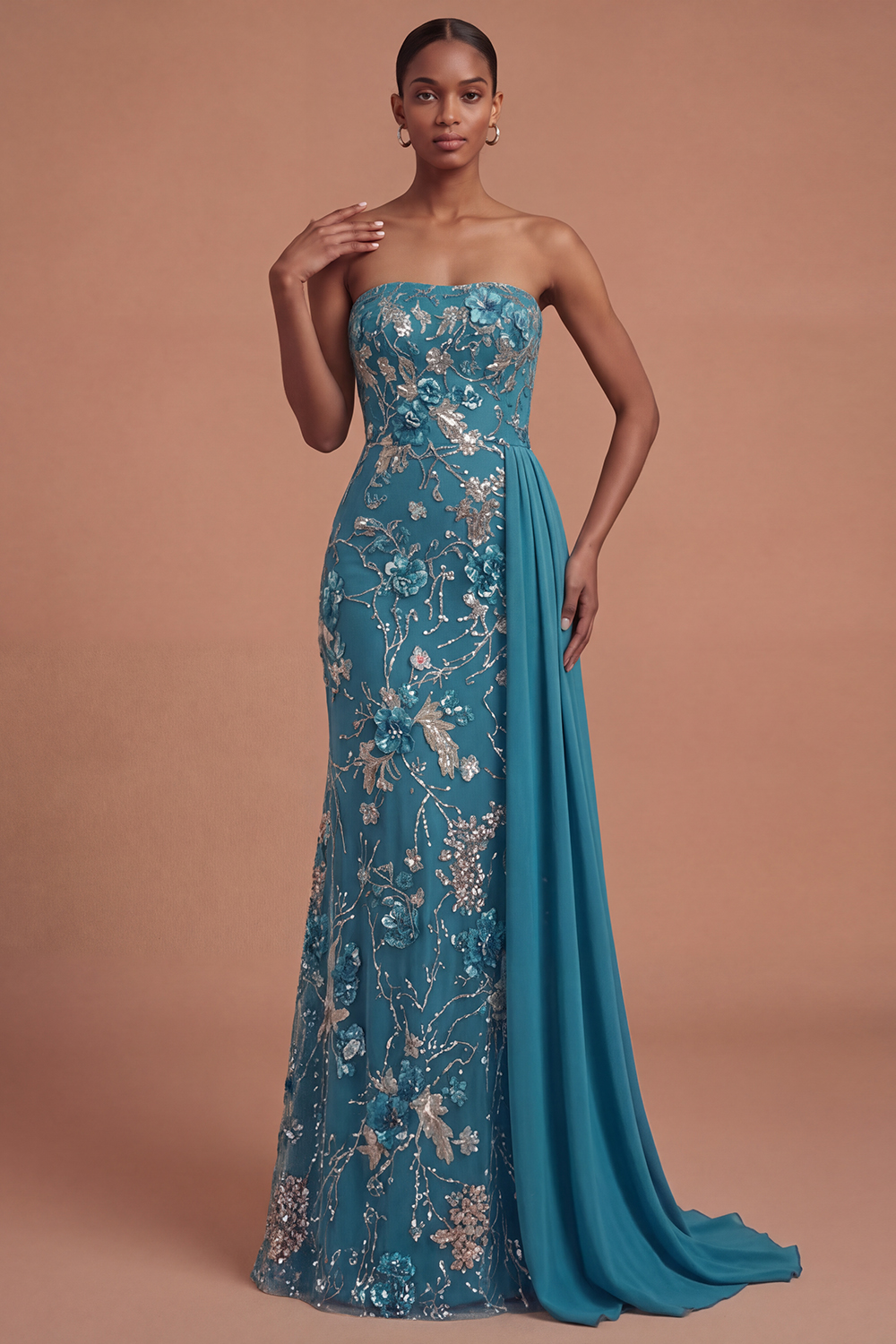 Pink Floral Sparkly Long Prom Dress with Cape