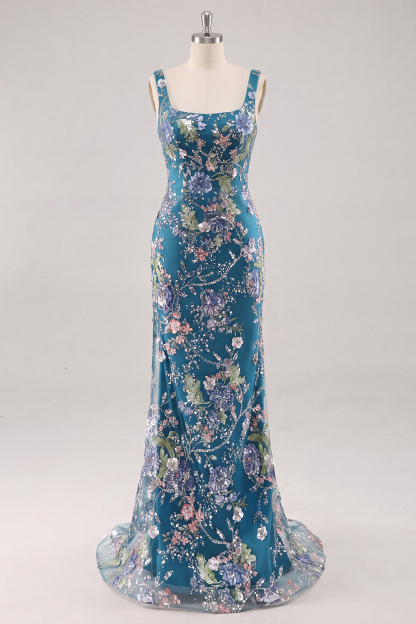 Pink Sparkly Beaded Floral Mermaid Long Prom Dress