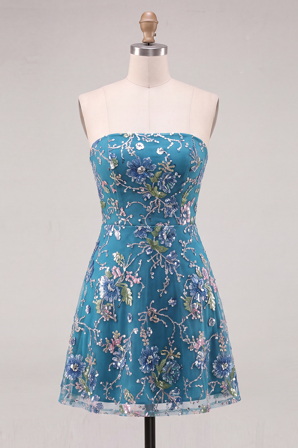 Pink Sparkly Floral Beaded Strapless Sequin Short Homecoming Dress