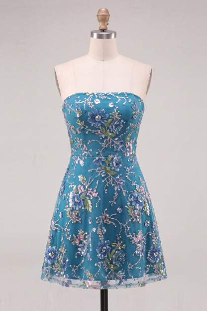 Pink Sparkly Floral Beaded Strapless Sequin Short Homecoming Dress
