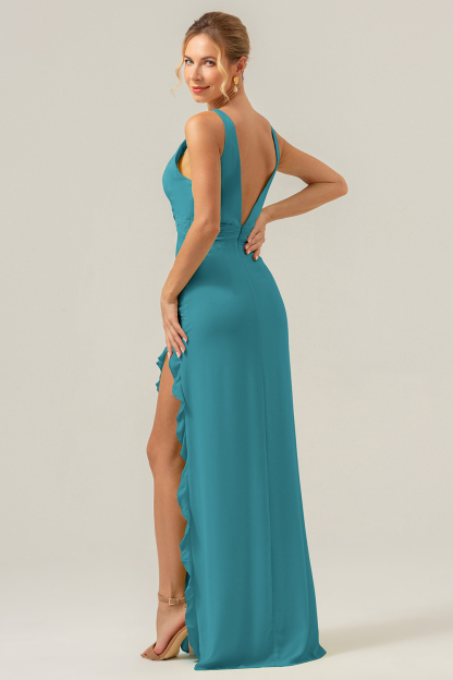 Lime V Neck Ruffled Sheath Bridesmaid Dress with Slit