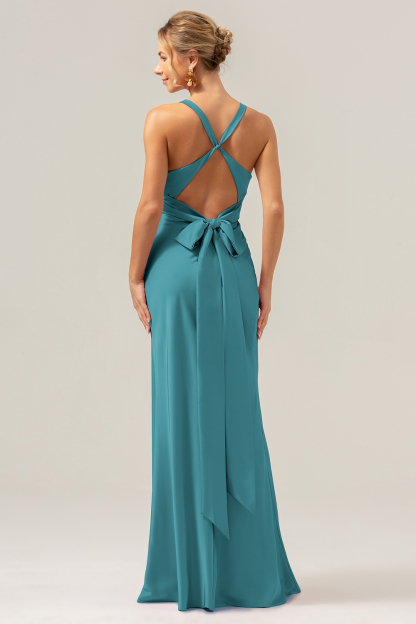 Pink Front Twist Mermaid V Neck Satin Bridesmaid Dress