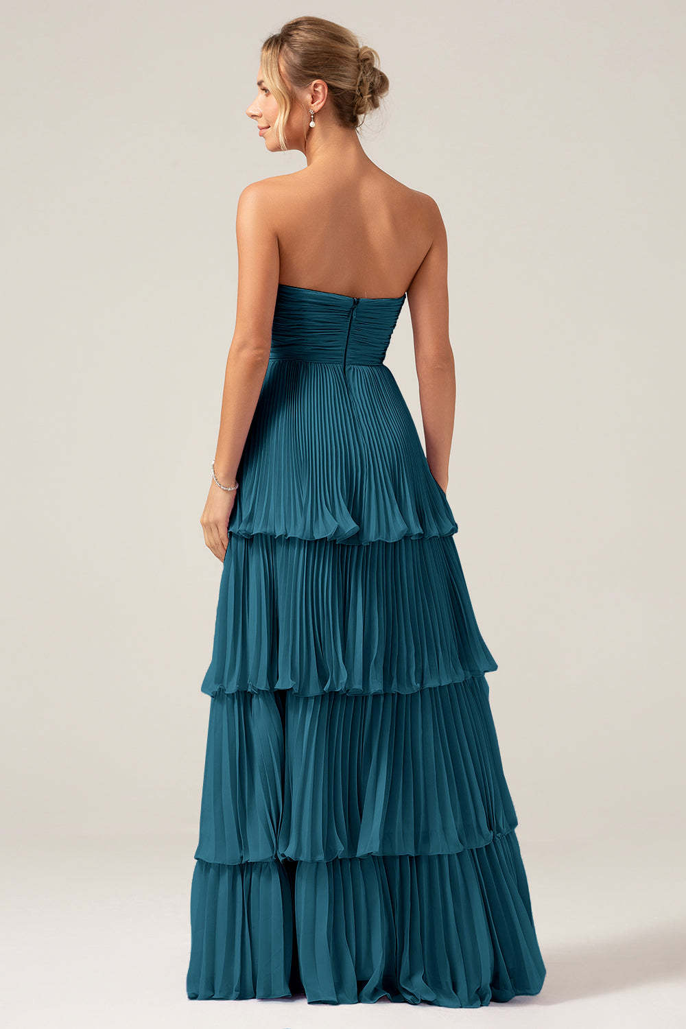 Sky Blue A Line Strapless Pleated Tiered Bridesmaid Dress