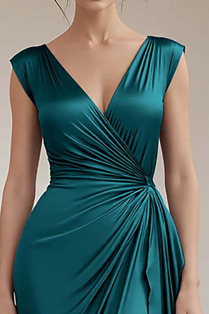 Peacock V-Neck Sleeveless Sheath Ruffled Long Formal Dress