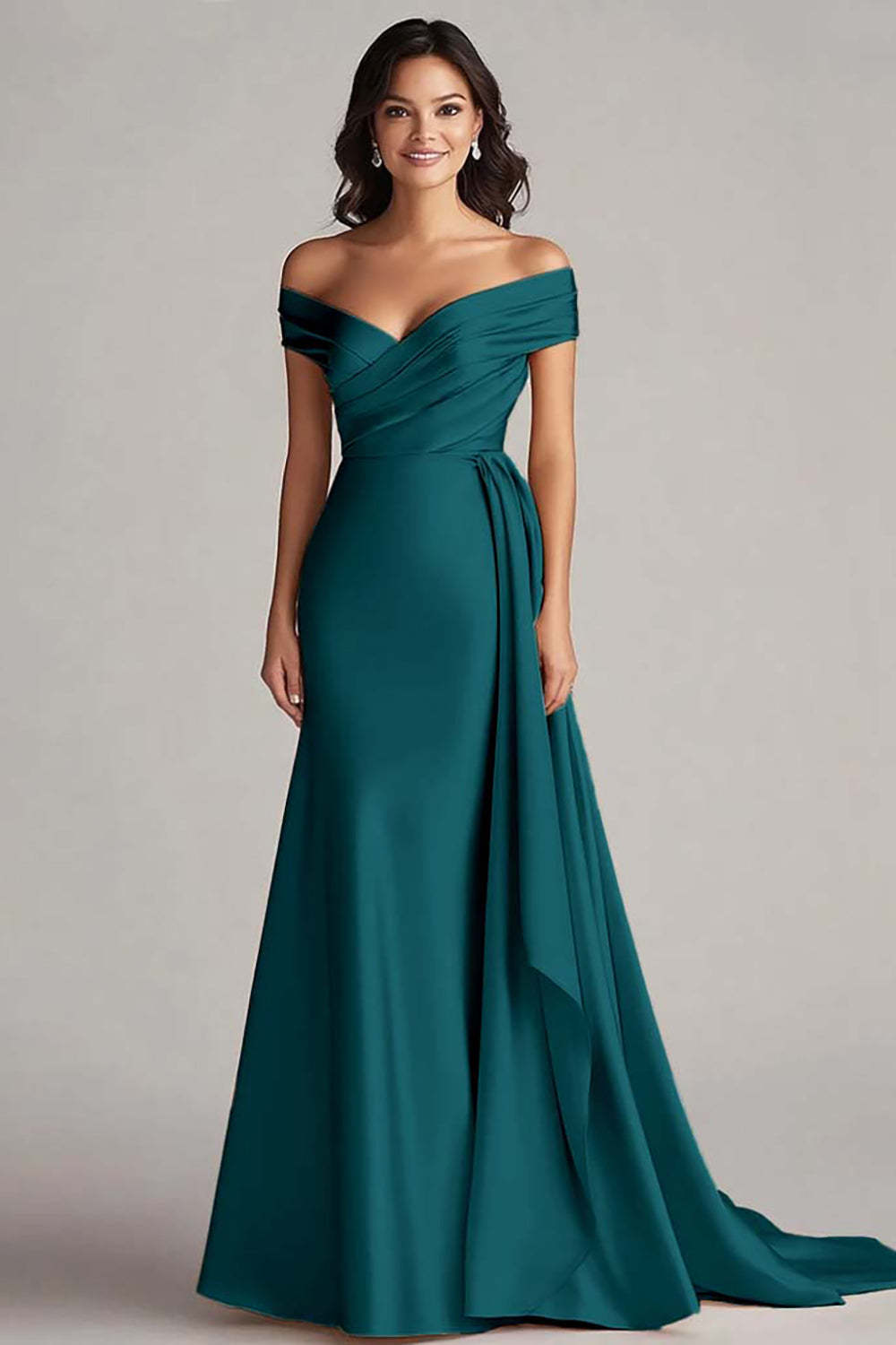 Champagne Off the Shoulder Mermaid Satin Maxi Formal Dress with Drape