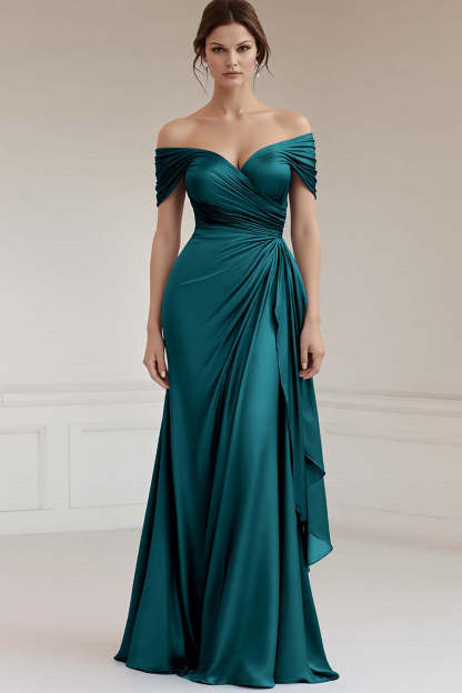 Maxi Grey Blue Off the Shoulder Sheath Ruched Satin Formal Dress