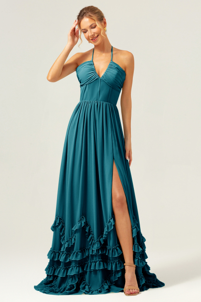 Dusty Sage Halter Corset Ruffled Chiffon Bridesmaid Dress with Slit