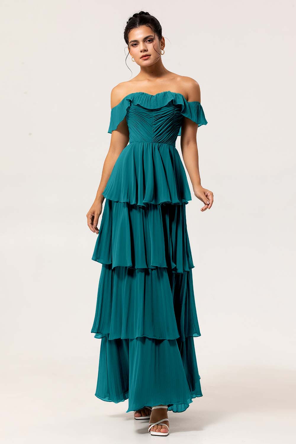 Eucalyptus Tiered Off the Shoulder Maxi Bridesmaid Dress