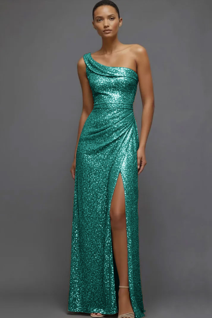 Sparkly Champagne Sequin One Shoulder Ruched Long Prom Dress with Slit