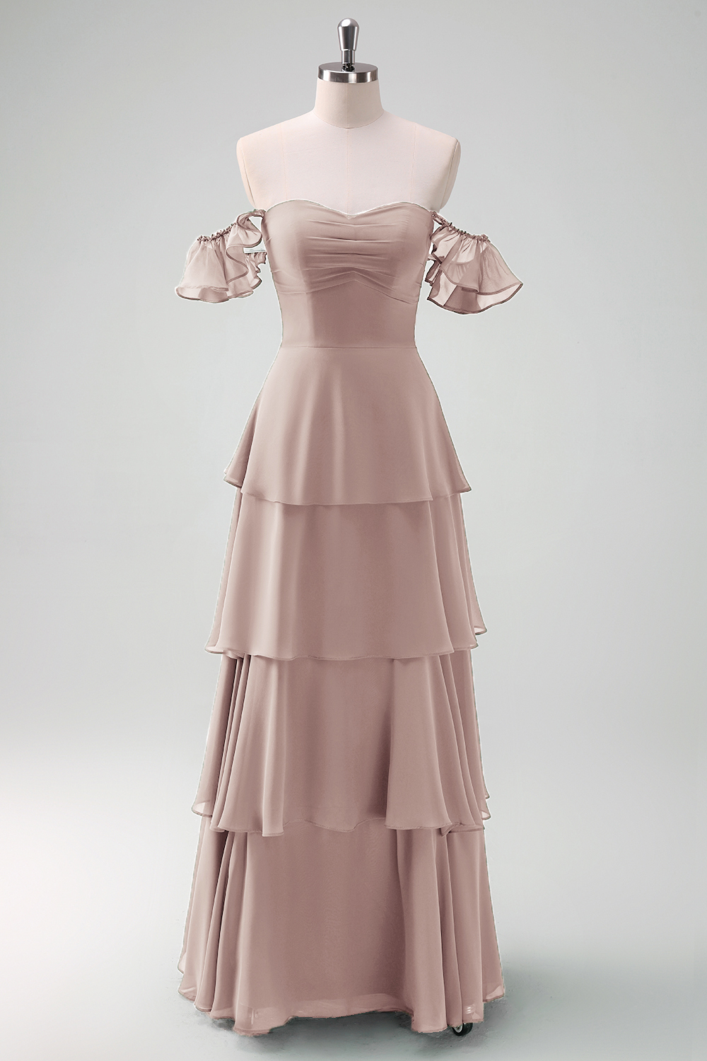 Eucalyptus Off the Shoulder Tiered Chiffon Bridesmaid Dress