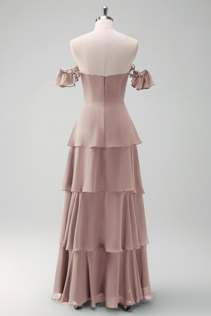 Eucalyptus Off the Shoulder Tiered Chiffon Bridesmaid Dress