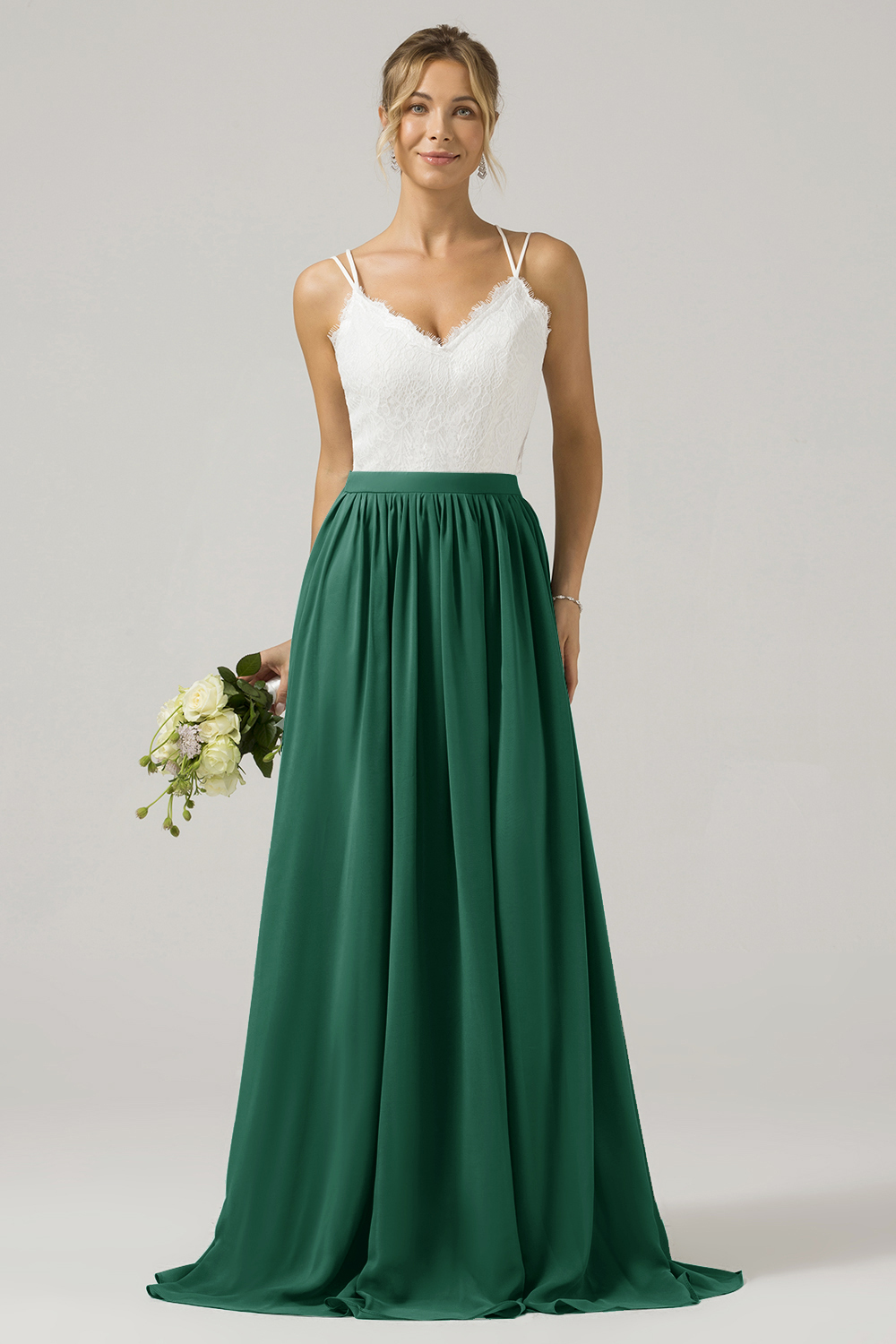 Eucalyptus A-Line Spaghetti Straps Pleated Long Bridesmaid Dress With Lace