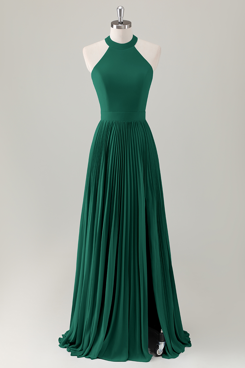 Grey Blue A-Line Halter Long Bridesmaid Dress with Slit