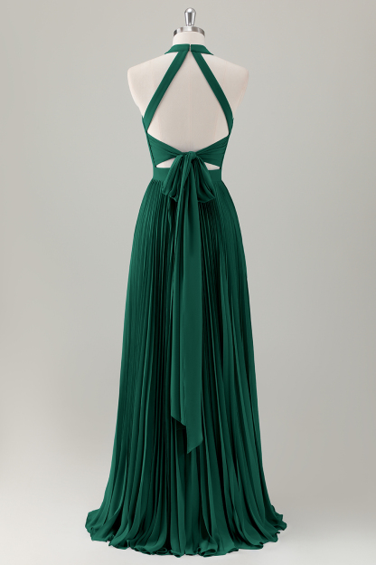 Grey Blue A-Line Halter Long Bridesmaid Dress with Slit