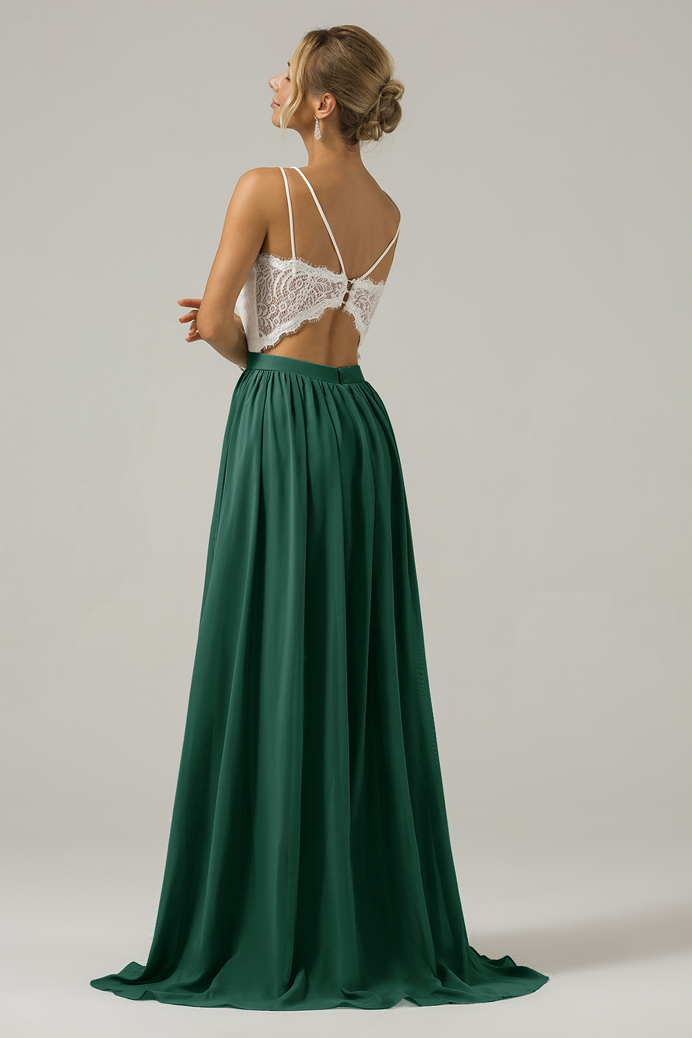 Eucalyptus A-Line Spaghetti Straps Pleated Long Bridesmaid Dress With Lace