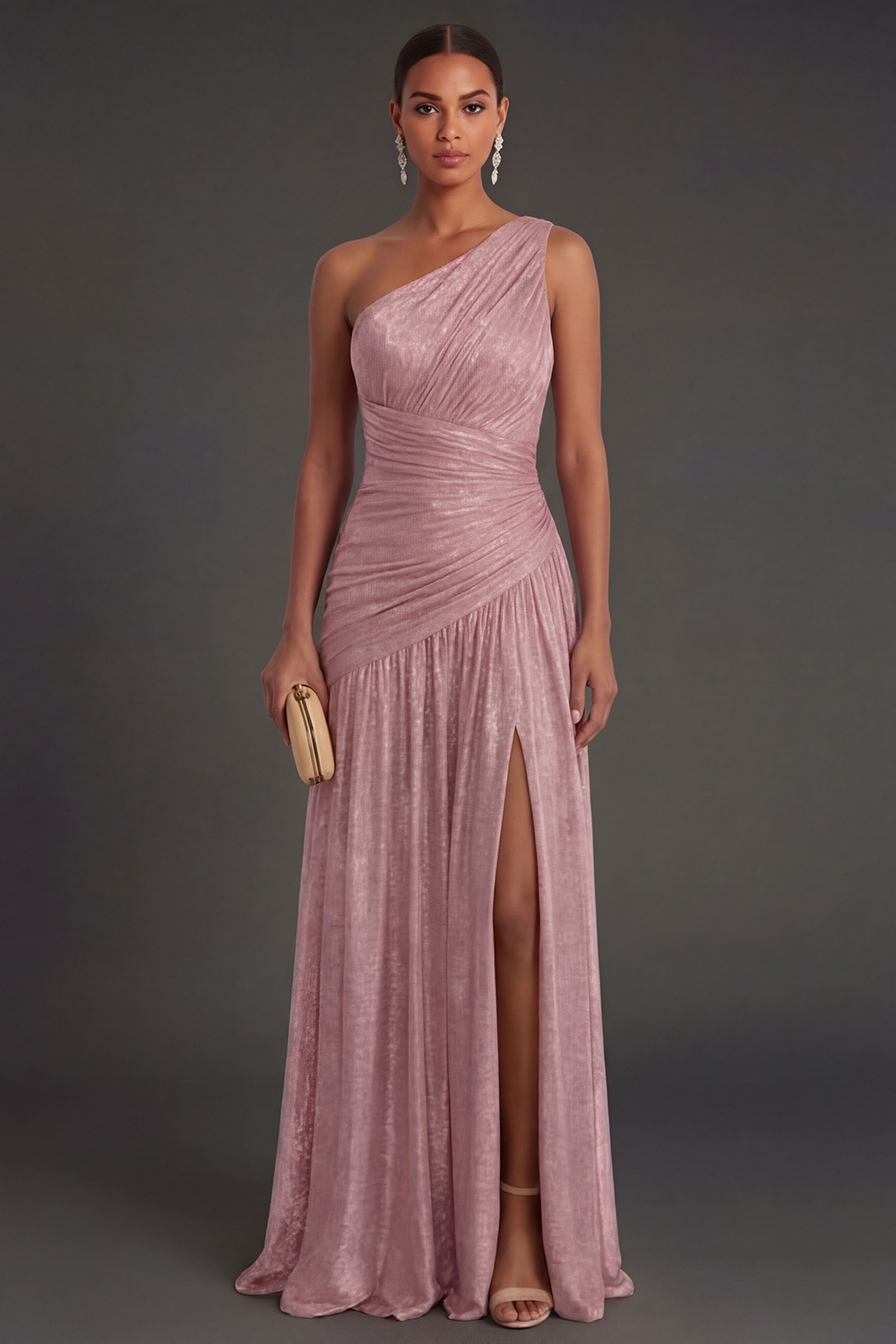 One Shoulder Gold Sheath Ruched Long Formal Dress with Slit