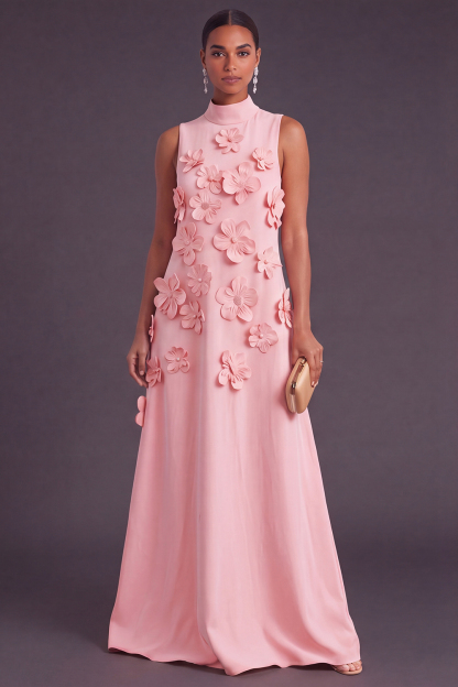 Blue Floral High Neck A Line Long Formal Dress