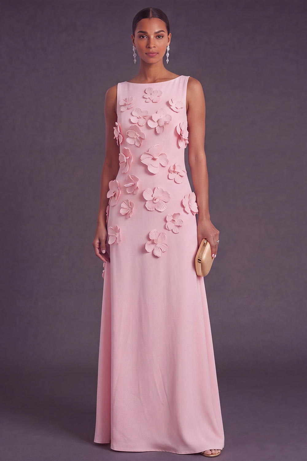Hot Pink Floral Boat Neck A Line Long Formal Dress